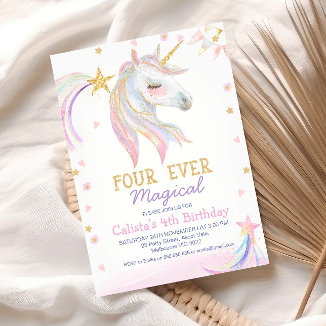 Convites Dourado Cor-de-Rosa, Quatro Mágicas 4º Aniversário (Pastel Unicorn 4th Birthday Invitation Template, Four Ever Magical Unicorn Birthday Invitation)