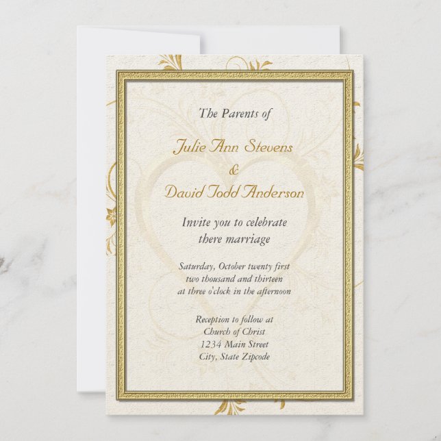 Convites Dourado Coração com Casamento de Quadros (Frente)