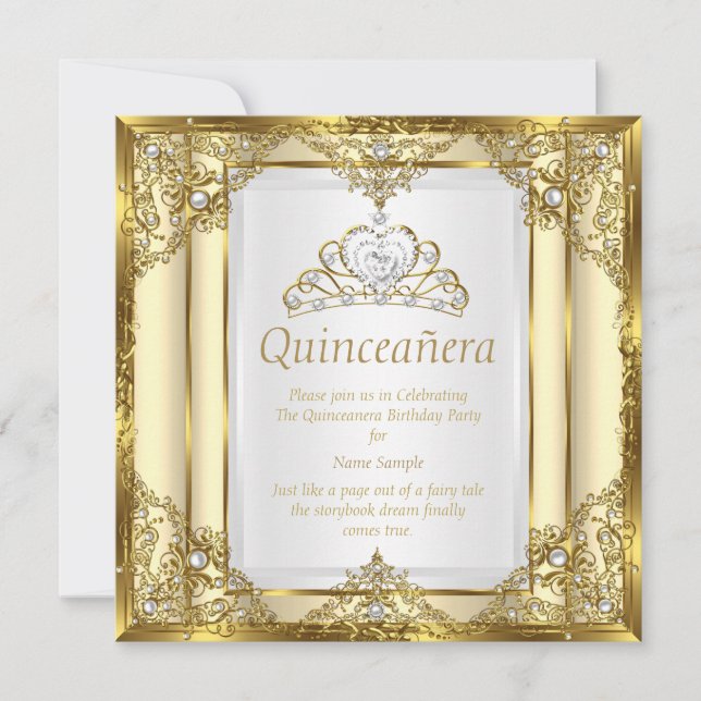 Convites Dourado Creme Branco Pérola Princesa Quinceanera (Frente)
