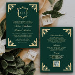 Convites Dourado Crest Monograma QR Code Emerald Green Casa<br><div class="desc">Surpreenda seus convidados com este elegante convite de casamento,  com belas crias vintage e tipografia moderna,  com o Código QR para RSVP online. Basta adicionar os detalhes do seu evento neste modelo fácil de usar para torná-lo um convite personalizado único.</div>