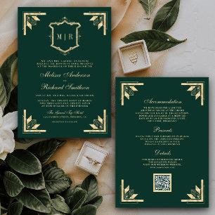 Convites Dourado Crest Monograma QR Code Emerald Green Casa