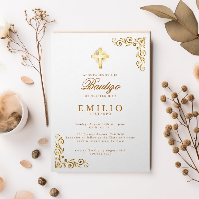 Convites Dourado Cross De Bautizo Espanhol Gênero Branco Ne (Gold Cross De Bautizo Spanish Gender Neutral White Invitation)