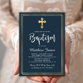 Convites Dourado Cruz Moderna Marinho de Script Blue Boy Ba