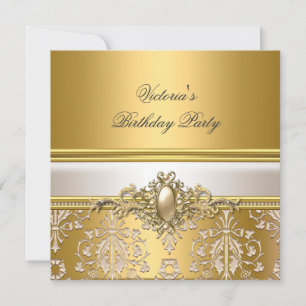 Convites Dourado Damask Creme Branco Festa de Aniversário P