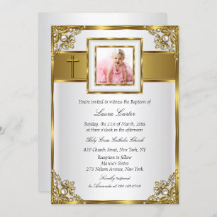Convites Dourado Damask & Cross Photo Baptism/Christening