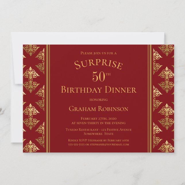 Convites Dourado Damask Red Surprise 50º Janto de aniversár (Frente)
