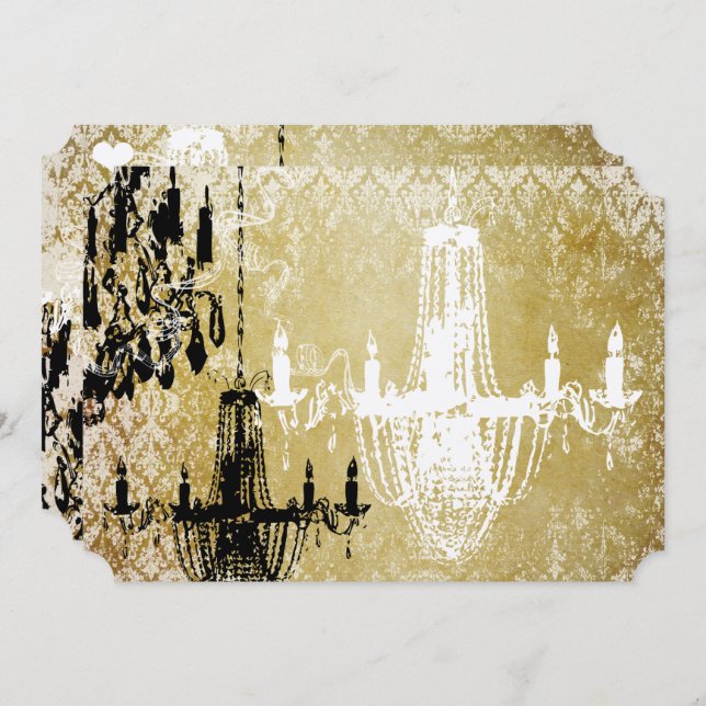 Convites Dourado Damask Vintage Chandelier Invitation (Frente/Verso)