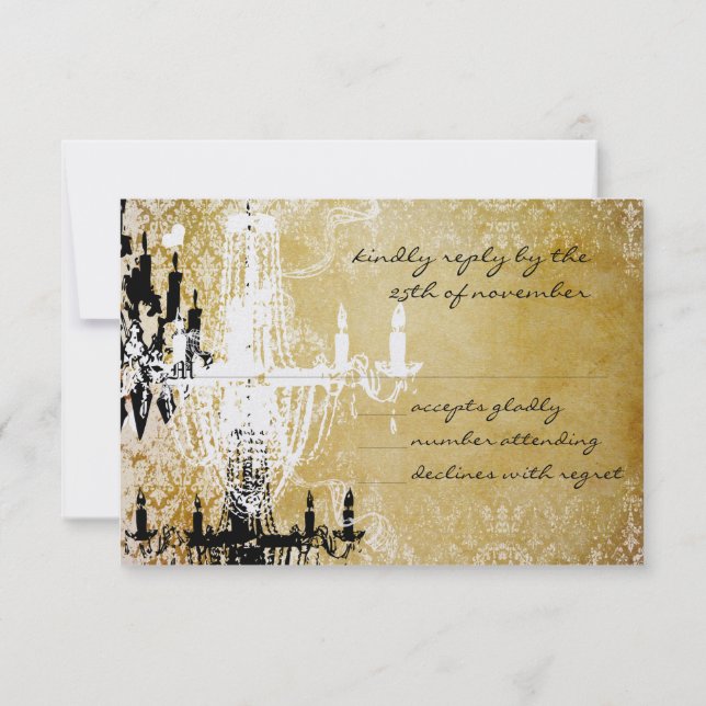 Convites Dourado Damask Vintage Chandelier Invitation (Verso)