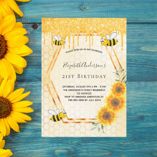 Convites Dourado-de-aniversário, flores giras e giras