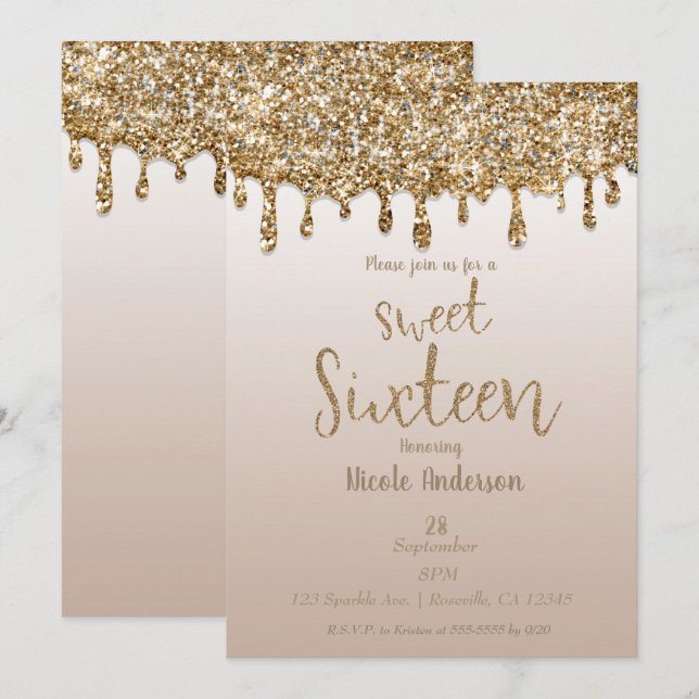 Convites Dourado de Champanhe com Glitter e Gotejamento Gla (Frente/Verso)