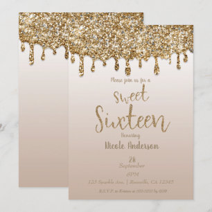 Convites Dourado de Champanhe com Glitter e Gotejamento Gla
