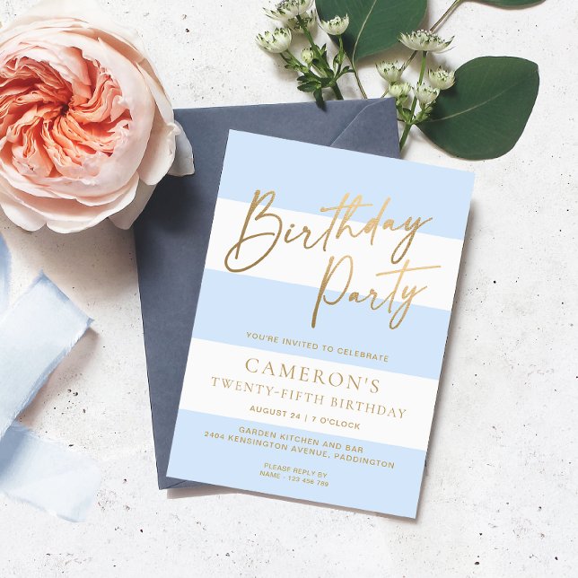 Convites Dourado Dia de Nascimento Azul Claro (Birthday Party Invitation Stripe )