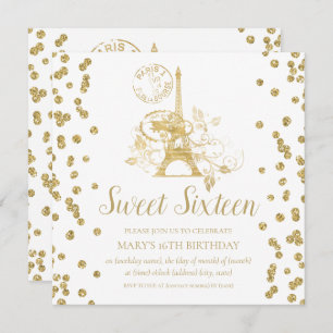Convites Dourado Doce 16 Paris Glitter Confetti