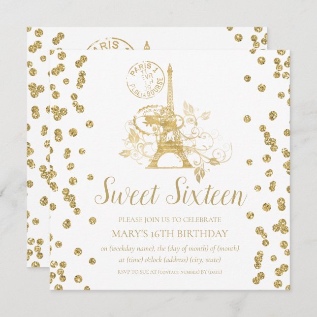 Convites Dourado Doce Dezesseis Paris Glitter Confetti (Frente/Verso)