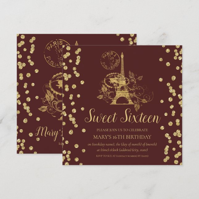 Convites Dourado Doce Dezesseis Paris Glitter Confetti Burg (Frente/Verso)