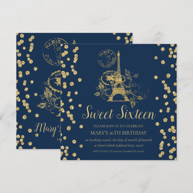 Convites Dourado Doce Dezesseis Paris Glitter Confetti Mari (Frente/Verso)