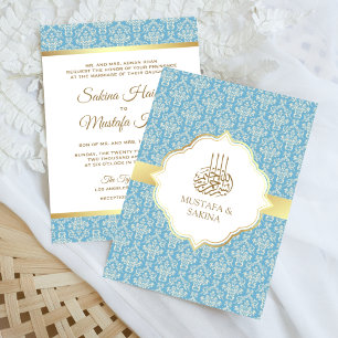 Convites Dourado e Azul Claro Damasko Casamento Islâmico Mu