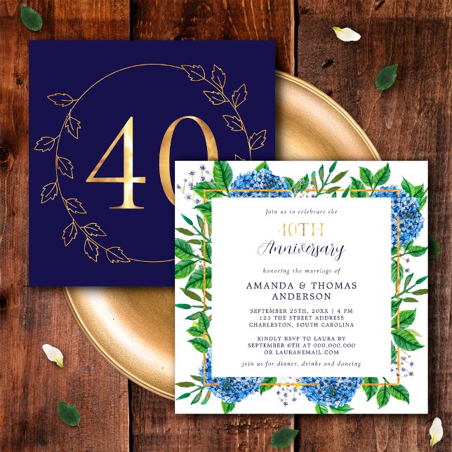 Convites Dourado e Azul Hydrangea 40º Aniversário de Casame (Front / Back)