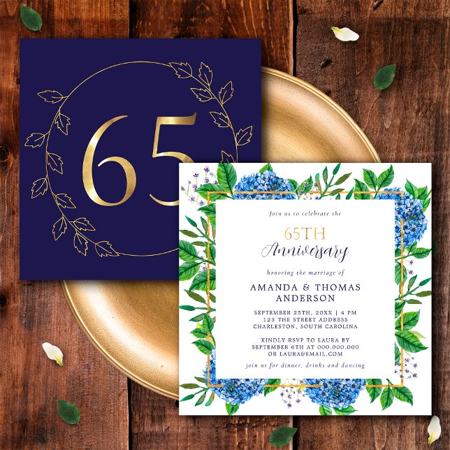 Convites Dourado e Azul Hydrangea 65º Aniversário de Casame (Front / Back)