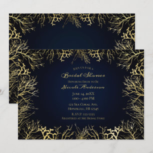 Convites Dourado e Azul-Marinho Escuro Coral Elegante Chá d