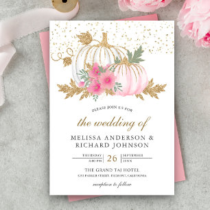 Convites Dourado e Branco Abóbora Rosa Floral Casamento de