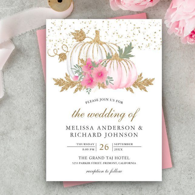 Convites Dourado e Branco Abóbora Rosa Floral Casamento de  (Criador carregado)