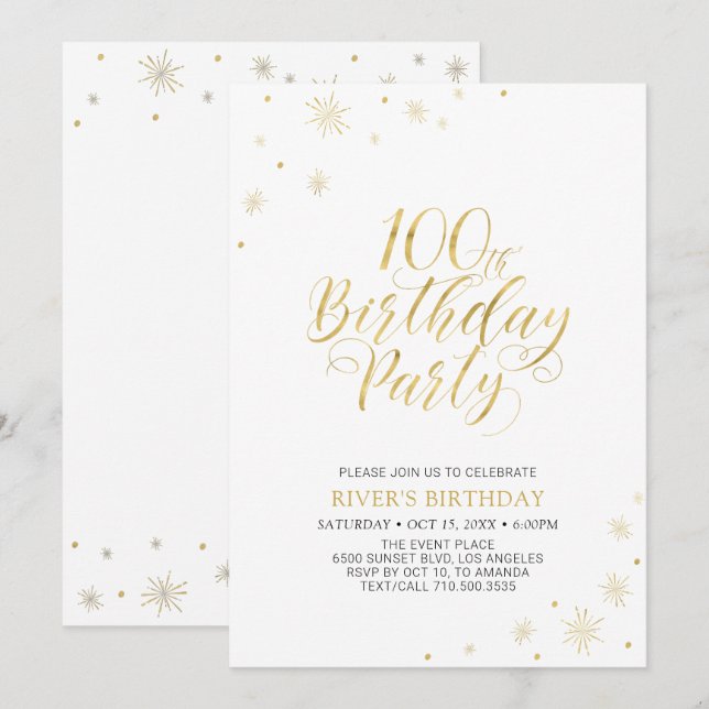 Convites Dourado e Branco | Festa de 100 Anos de Idade Mode (Frente/Verso)