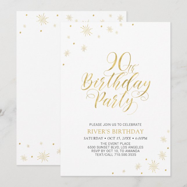 Convites Dourado e Branco | Festa de 90 Anos Moderno e Chic (Frente/Verso)
