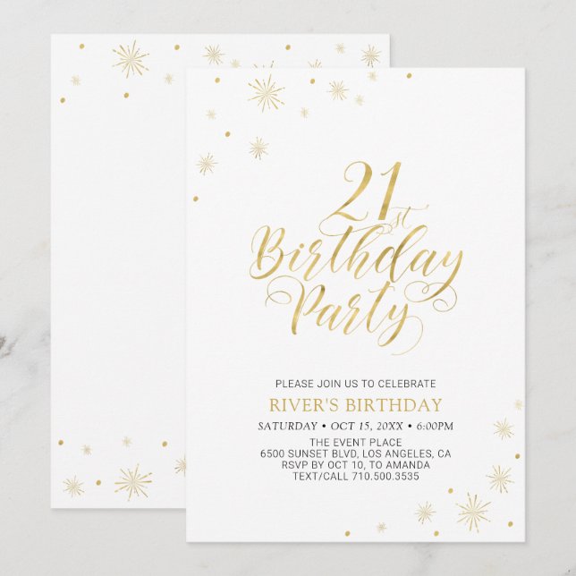 Convites Dourado e Branco | Festa de Aniversário de 21 anos (Frente/Verso)