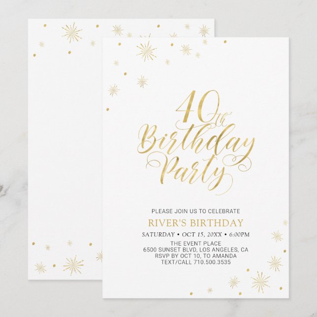 Convites Dourado e Branco | Festa de Aniversário de 40 anos (Frente/Verso)