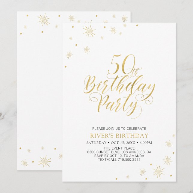 Convites Dourado e Branco | Festa de Aniversário de 50 anos (Frente/Verso)