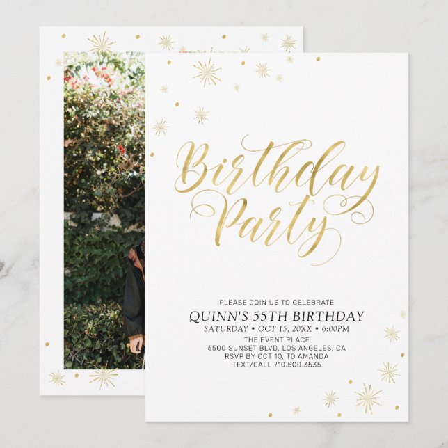 Convites Dourado e Branco | Festa de Aniversário Moderno e  (Frente/Verso)