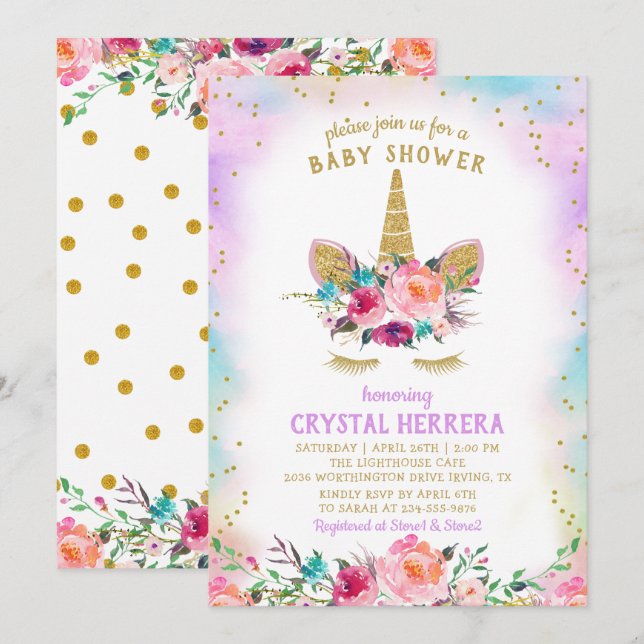 Convites Dourado e cor-de-rosa Unicórnio Belo Chá de fralda (Frente/Verso)
