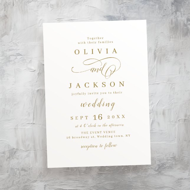 Convites Dourado e elegante casamento com guião romântico (Gold simple elegant romantic script wedding invitation)