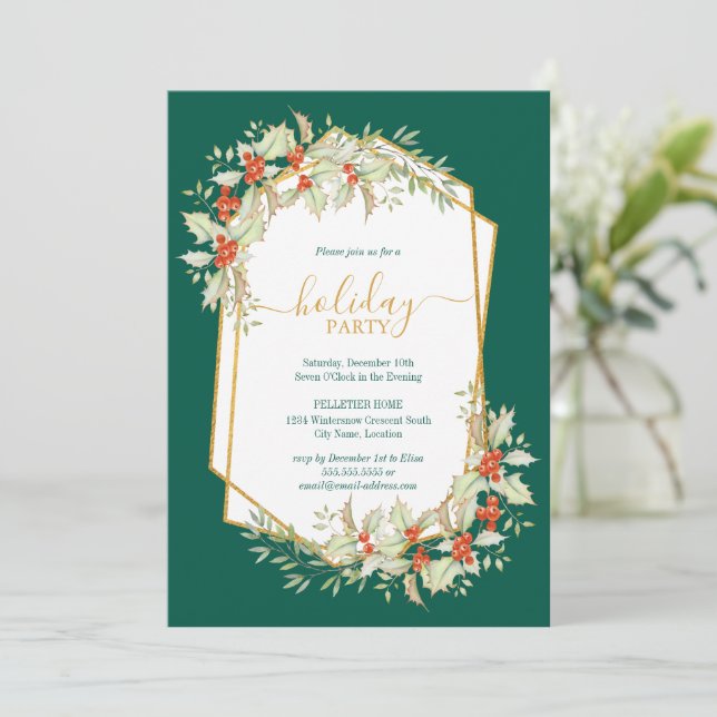 Convites Dourado e Holly | Celebração Geométrica de Férias (Em pé/Frente)