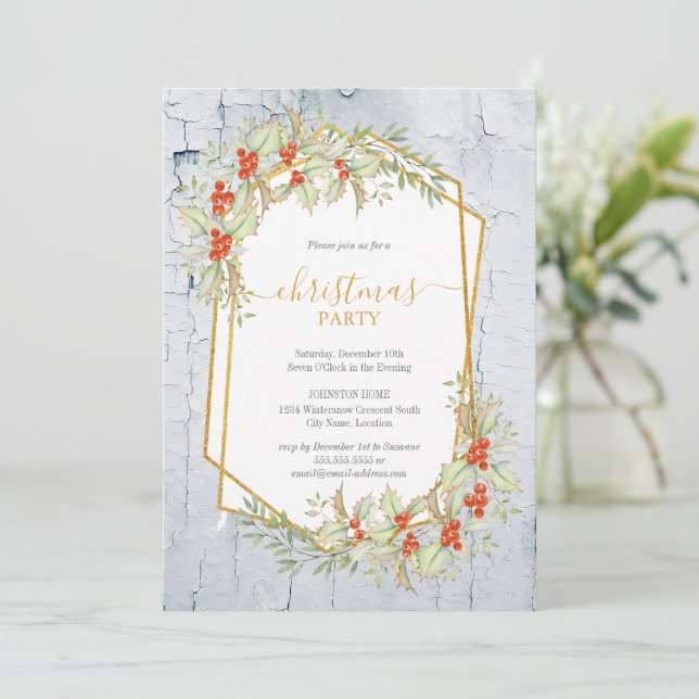 Convites Dourado e Holly | Natal russo geométrico (Em pé/Frente)