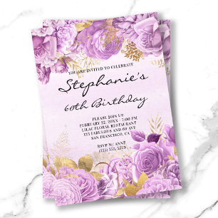 Convites Dourado e Lilac Floral Watercolor 60º Aniversári