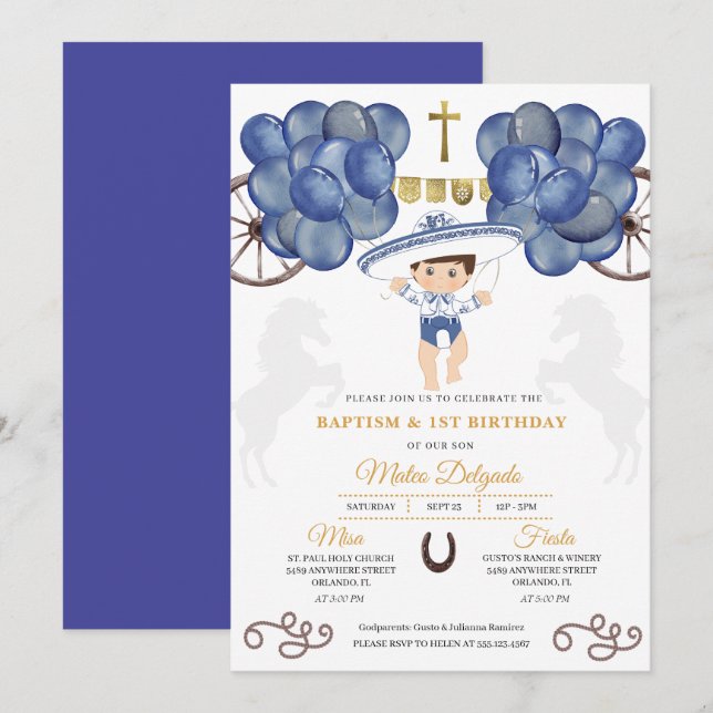 Convites Dourado e Marinho Blue Baby Boy Charro Baptism (Frente/Verso)