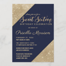 Convites Dourado e Marinho Blue Faux Glitter Sequin Sweet 1