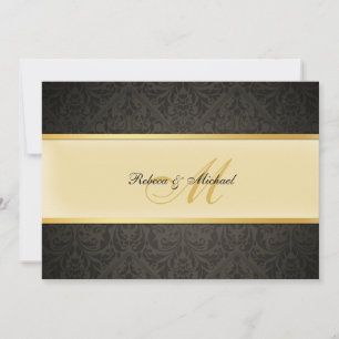 Convites Dourado e negro de casamento do Damask Monograma