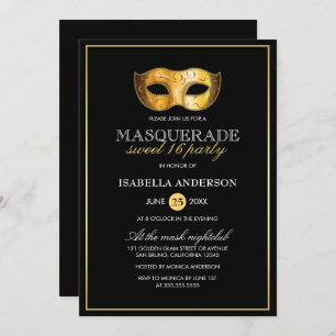 Convites Dourado e negro Mascarada Doce 16