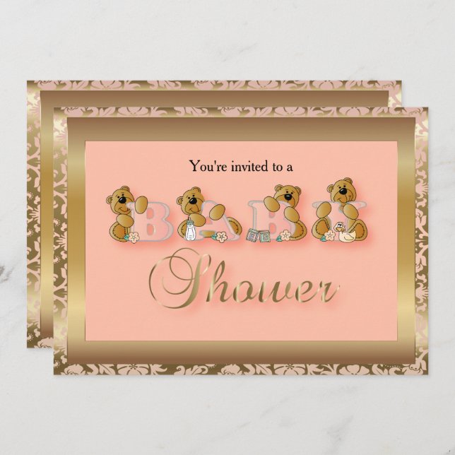 Convites Dourado e perfurador com Ursos de Teddy | Chá de f (Frente/Verso)