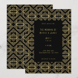 Convites Dourado e Preto Art Deco Ousado Retro Glam Casamen