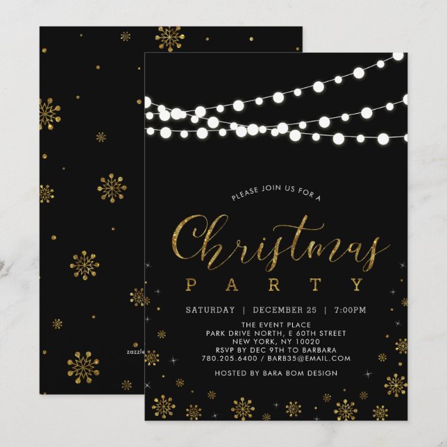 Convites Dourado e Preto | Luzes de Natal para Festa de Nat (Frente/Verso)
