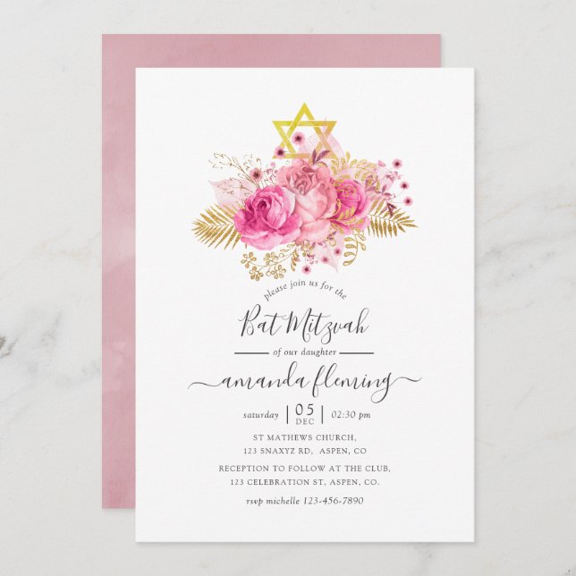 Convites Dourado e rosa Bat Mitzvah (Frente/Verso)