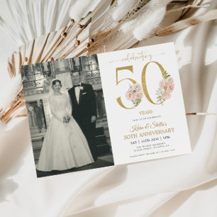 Convites Dourado e Rosa Floral 50º Aniversário
