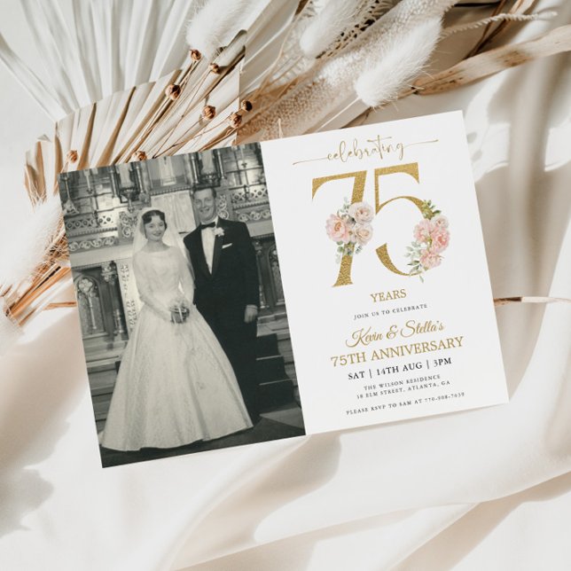Convites Dourado e Rosa Floral 75º Aniversário (Criador carregado)