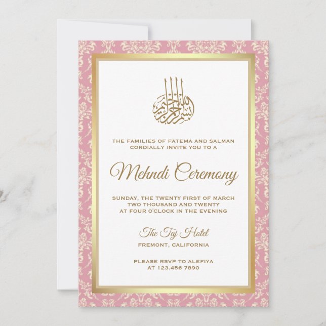 Convites Dourado e Rosa Pink Damask Cerimônia Islâmica de M (Frente)