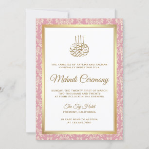 Convites Dourado e Rosa Pink Damask Cerimônia Islâmica de M
