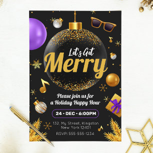Convites Dourado e Roxo Vamos nos divertir no Natal Diverti